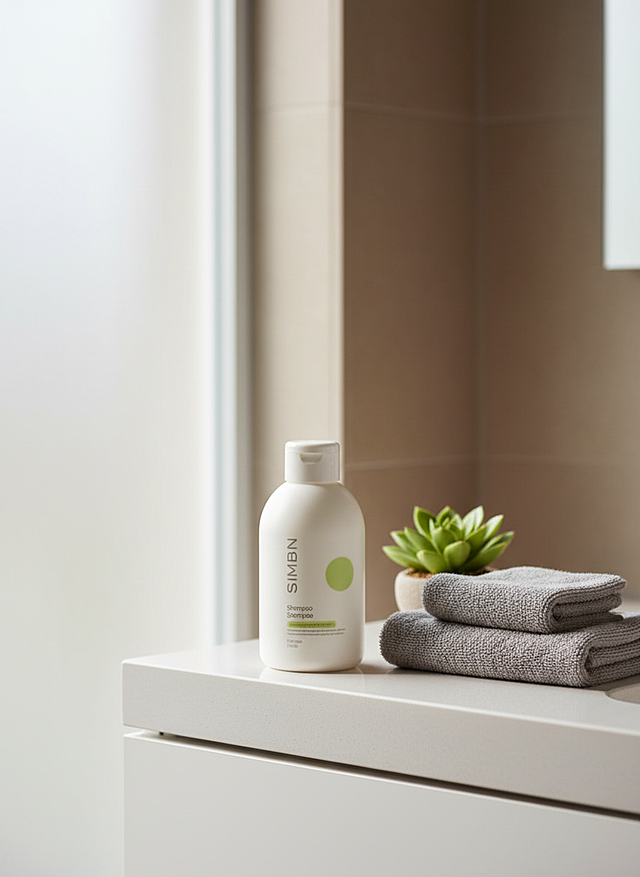 制作这瓶沐浴露的电商主图，把它放在治愈的浴室场景，洗漱台、毛巾、绿植