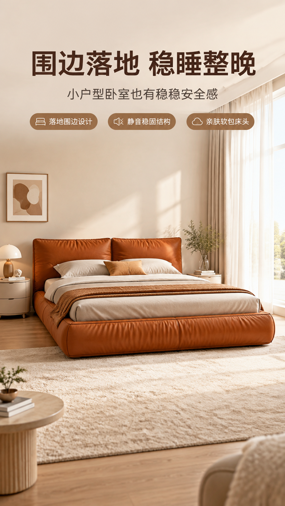 [商品] 使用【图1】橙棕色落地款围边软包床；保留床头软包造型… - 图片创意预览