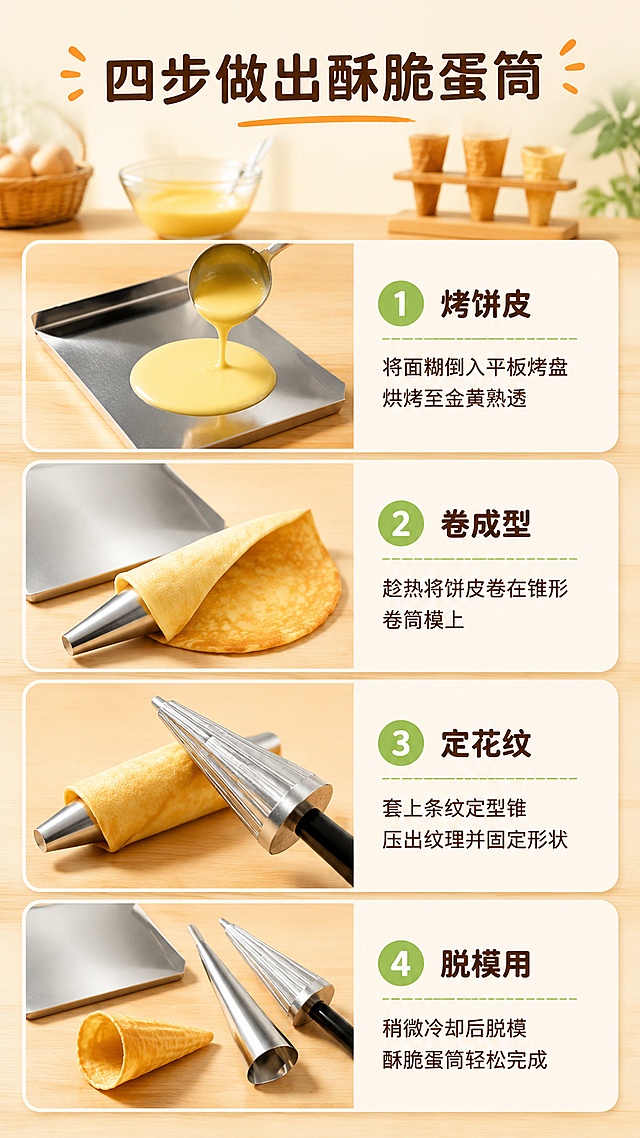 [第4屏] 详情页使用步骤-雪糕皮卷筒制作四步流程演示。本屏使用【图1】和【图2】作为步骤中的产品参考。
[氛围/风格] 清新教程风，步骤清晰，暖调厨房场景，商业摄影质感。
[元素布局] 画面纵向分为四步流程，从上到下排列。第1步：面糊倒入平板烤盘烘烤；第2步：用锥形卷筒模卷起蛋皮；第3步：套上条纹定型锥定型；第4步：脱模取出成品蛋筒。每步配编号圆圈和小图展示，右侧配简短说明。背景为连贯的浅木色厨房台面。产品形态、材质、颜色与输入图一致。
[光影质感] 整体暖光照明，每步区域均匀受光，食物色泽诱人，金属质感真实。
[配色色系] 全局底色 #FFF5E6（暖奶黄色）；主色暖橙+木色；辅助色浅绿步骤编号、白色说明卡片；文字深棕色。
[视角构图] 纵向步骤流，从上至下阅读，四步等分布局，每步含小图+文字说明。
[文字版式] 顶部主标题「四步做出酥脆蛋筒」；每步编号圆圈内数字「1/2/3/4」配绿色填充；步骤标题分别为「烤饼皮」「卷成型」「定花纹」「脱模用」；每步下方一行小字说明；字体为圆润黑体，活泼易读。
[比例分辨率] 9:16竖版比例，4K分辨率，文字清晰可辨，高清画质。
[负向提示词] 产品变形，缺件错件，水印，文字错乱，文字过小，食物不真实，背景杂乱。