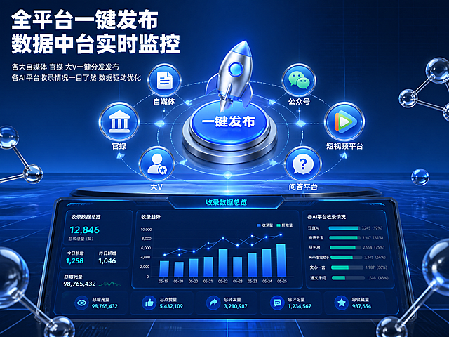 [详情图-3] 全平台一键发布与数据中台详情图。
[氛围风格] 3D科技商务风 多平台联动感 与参考图风格统一；
[画质] 商业设计质感 3D图标精致 数据可视化清晰。
[元素] 画面中央有一个3D立体的发布按钮/火箭图标 蓝色与银色质感 象征一键发布；发布按钮周围环绕六个平台图标 呈圆形排列 分别代表自媒体 官媒 大V 公众号 短视频平台 问答平台等 每个都是3D立体小图标；画面下方展示一个数据中台的3D界面 有柱状图 折线图 收录数据面板 显示各AI平台收录情况；背景为蓝色渐变网格底 底部有科技感网格地面 点缀银色分子连接线与透明球体。
[光影] 中心聚光效果 发布按钮最亮 周围平台图标依次减弱；数据面板有屏幕发光效果；整体有层次感。
[配色] 主色调蓝色渐变 银色金属 数据面板蓝绿色光效；整体科技感强。
[视角构图] 正面平视 上下分区构图；上半部分发布按钮与平台图标 下半部分数据中台界面；形成发布-数据反馈的闭环逻辑。
[文字版式] 顶部左对齐主标题 白色粗体大字（深蓝背景区） 写"全平台一键发布 数据中台实时监控"；主标题下方两行浅灰色说明 分别是"各大自媒体 官媒 大V一键分发发布"和"各AI平台收录情况一目了然 数据驱动优化"；六个平台图标下方标注平台名称 白色小字；数据面板上方标注"收录数据总览" 蓝色小字。
[输出要求] 4:3比例 文字清晰可辨 超高清商业设计质感 3D风格与参考图一致。
[负向提示词] 变形 文字错乱 模糊 背景杂乱 水印 电商平台Logo。