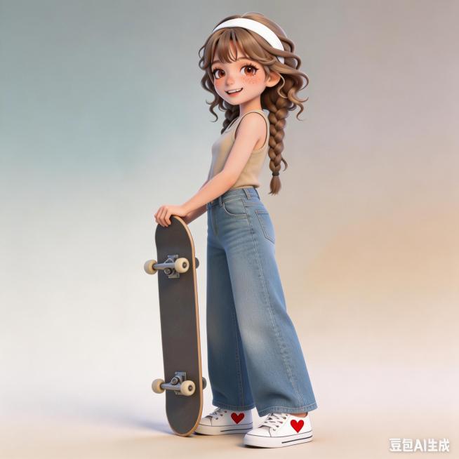 保留原有回眸笑侧身站立的造型、浅卡其色无袖背心、背景和所有人物五官发色不变，修改裤子为不卷边浅蓝色水洗阔腿牛仔裤，修改鞋子为带有爱心图案的低帮板鞋，保持整体穿搭简约休闲，Blender OC渲染，8K预览效果
