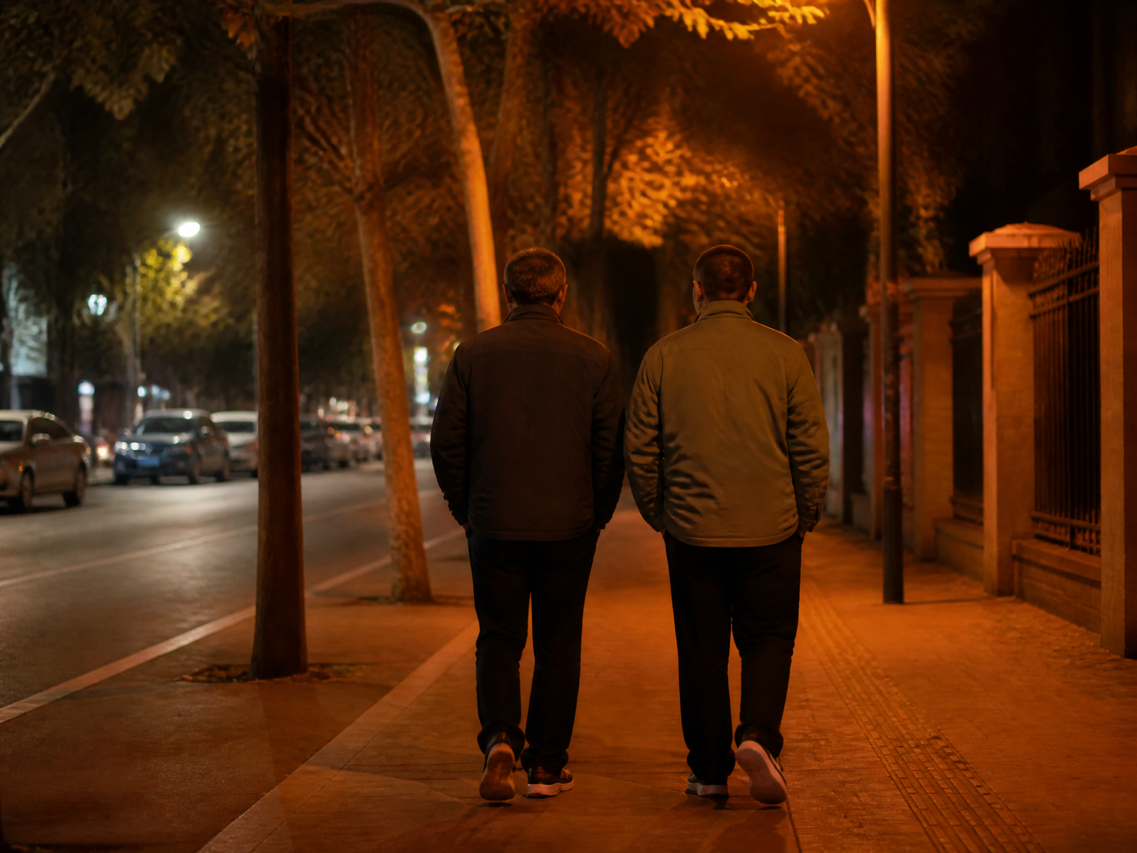 夜晚街道，两位中年人并肩慢慢走路，只拍背影，不露脸，路灯柔和温… - 图片创意预览