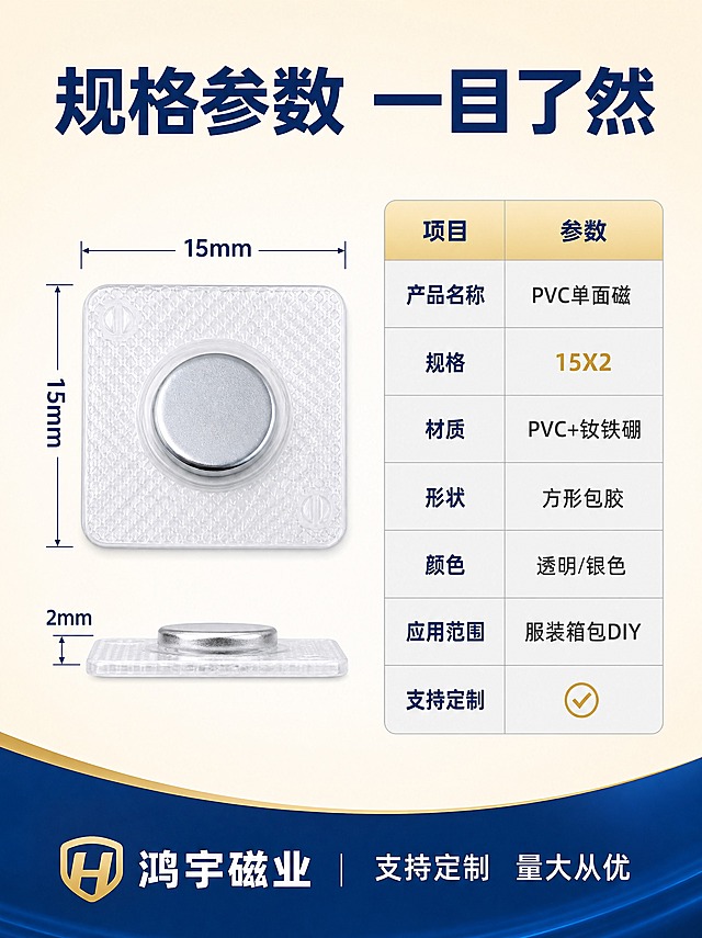 [商品] 使用【图1】【图4】PVC单面磁产品；保留透明PVC方形包胶+圆形银色磁铁的完整外观、尺寸比例和材质；精修清晰化。
[画面] 页面目标：规格参数收口，清晰展示15X2尺寸和完整参数。左右构图，左侧为产品尺寸标注图，右侧为参数表格。左侧展示一枚PVC单面磁正面图，用深蓝色尺寸线标注整体边长15mm和磁铁厚度2mm，尺寸线清晰准确。右侧为浅灰色底参数表，列出产品各项参数。底部有深蓝色品牌信息条。背景为浅米色渐变，简洁干净。
[视觉] 套系策略：风格=蓝金工业品质风，源头工厂专业感；标题字=现代粗黑体，厚重有力；正文字=简洁无衬线体；主色=深蓝色+米金色；背景延展=浅米色渐变底，简洁干净；强调色=浅金色，用于表格表头和重点参数；标题色=深蓝色；正文色=深灰色；组件=深蓝色尺寸线、浅灰底参数表、深蓝色底部条；光影=均匀平光，产品清晰平整。
[文字] 顶部深蓝色大字标题写"规格参数 一目了然"。参数表包含：产品名称PVC单面磁、规格15X2、材质PVC+钕铁硼、形状方形包胶、颜色透明/银色、应用范围服装箱包DIY、支持定制。尺寸标注数字清晰，参数表文字横排整齐，保证手机端可读。底部深蓝条白字写"鸿宇磁业 支持定制 量大从优"。
[规格] 图片比例3:4竖版，2K分辨率，避免变形、错字、文字过小、尺寸标注不准确、表格杂乱、水印、平台Logo。