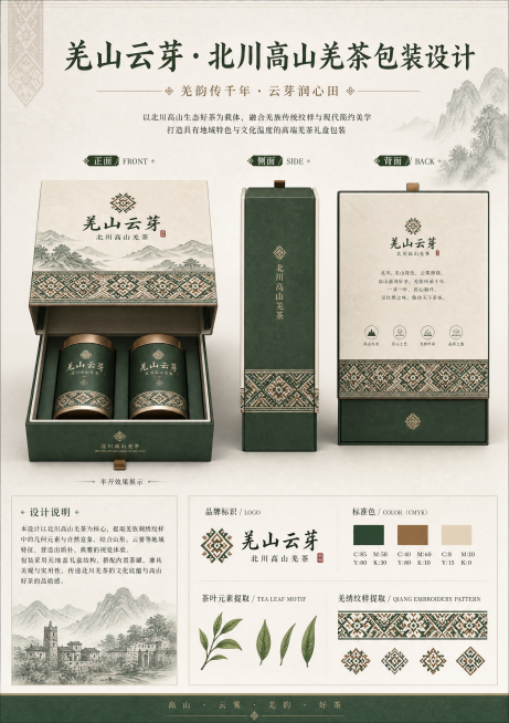 A3竖版包装设计毕业展板，CMYK印刷色彩，300DPI高清印刷质感，版式规整留白舒适；顶部有大标题文字"羌山云芽·北川高山羌茶包装设计"，下方有小字副标题；版面中心展示茶叶礼盒3D渲染三视图，包括正预览效果