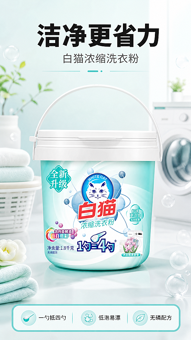 [第1屏] 详情页头图-白猫1.8千克浓缩洗衣粉宣传海报。
[氛围/风格] 清新干净家居风，淡青绿色调背景，明亮干净的商业摄影质感，符合抖音快手短直带货氛围。
[元素布局] 本屏使用【图1】作为商品主体，将白猫浓缩洗衣粉桶放在画面中下区域，占据画面65%-70%主体大小。保持产品包装颜色为青绿色渐变，白色桶盖和提手，包装上所有文字和图案结构、位置、颜色与输入产品图一致。背景上半部分为浅青绿色渐变，下半部分为干净洗衣场景浅景深效果，添加几颗虚化泡泡作为装饰，整体简约不杂乱，不抢产品主体风头。
[光影质感] 主光源从左上方打亮产品正面，桶身形成自然明暗渐变，提手和桶盖处保留清晰高光，右下方形成柔和投影，整体通透干净，产品轮廓清晰真实。
[配色色系] 全局底色：#F0F9F7；主体配色：#86D7CB（桶身青绿色）+ #FFFFFF（桶盖提手）+ #ED2624（品牌红字）；辅助色：#50A6FA（浅蓝装饰）+ #222222（文字深灰）。
[视角构图] 正面平视视角，产品位于画面中下区域，头部留白放置主标题，底部用浅青绿色信息条承接核心卖点，整体构图均衡舒适，符合手机端竖屏阅读。
[文字版式] 顶部留白区域放置主标题和副标题。主标题"洁净更省力"黑色粗体无衬线字，居中对齐，字号为画面宽度的8%；副标题"白猫浓缩洗衣粉"深灰常规字，主标题下方居中。底部信息条放置3个核心卖点小字："一勺抵四勺 低泡易漂 无磷配方"，文字均匀分布，不遮挡产品主体。
[比例分辨率] 9:16竖版比例，4K分辨率，文字清晰可辨，超高清。
[负向提示词] 桶身变形，包装缺失，提手结构错误，颜色偏差，包装文字错乱，水印，产品图模糊，背景杂乱，夸大极限用词。
