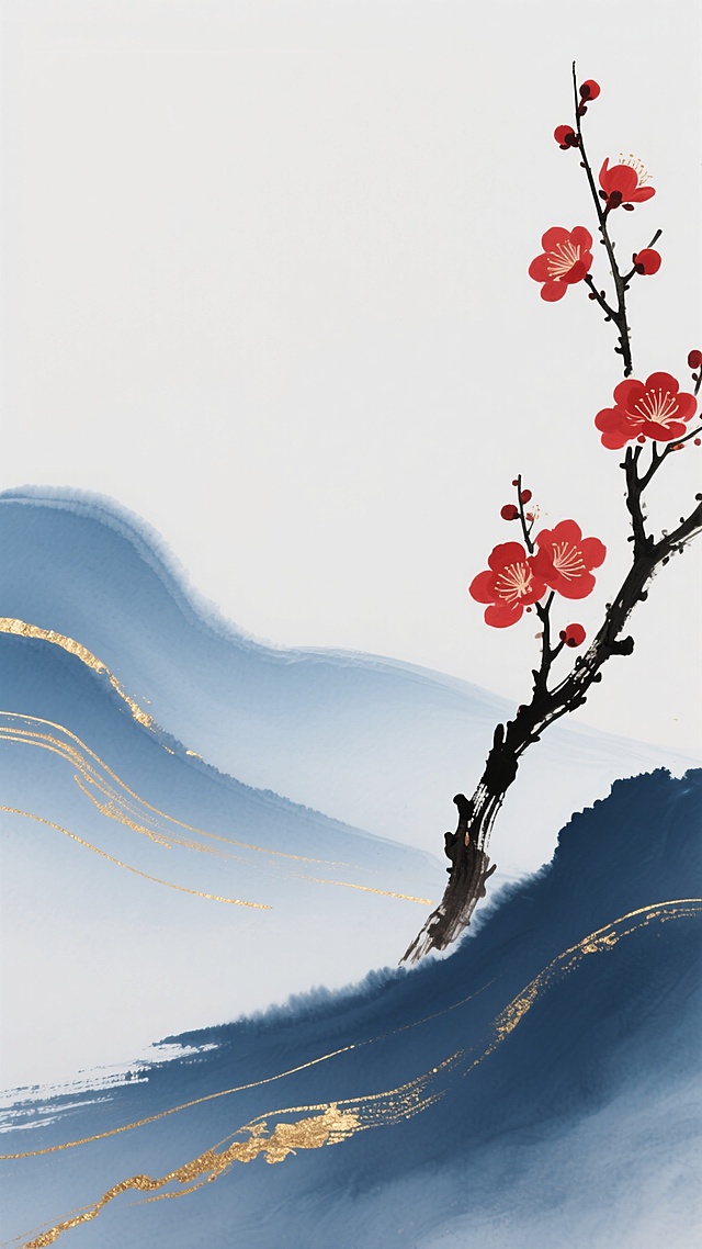 古风意境背景，柔和流动的蓝白渐变色彩，点缀金色线条与金箔质感，左侧一枝红梅斜出，花瓣嫣红，枝干苍劲，整体呈现水墨晕染般的写意美感，营造宁静雅致的东方韵味，画面简洁空灵，留白恰到好处，色彩和谐统一，具有现代水墨的设计感。