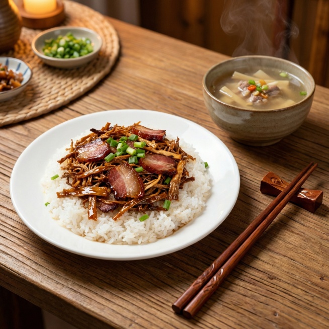 在画面背景添加精致的木质筷子和陶瓷汤碗，营造温馨用餐氛围预览效果