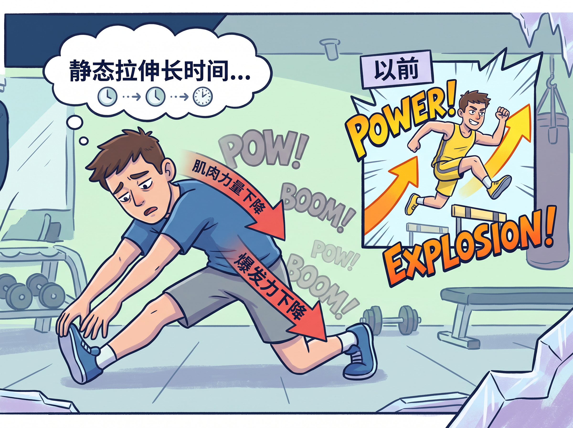 静态拉伸降低肌肉力量和爆发力的动画风格插图，展示一个人长时间静… - 图片创意预览