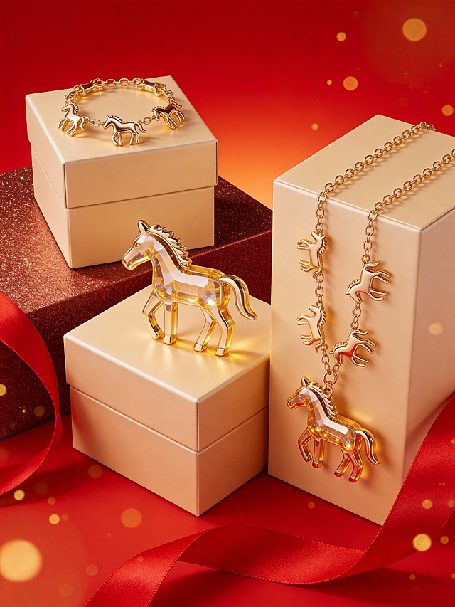 奢华喜庆风商业黄金珠宝 3D 渲染风格，画面以高饱和度正红色渐变为主色调，搭配纯金色与透明幻彩材质作为视觉点缀，整体色调浓烈且富有节日氛围感。采用平视略俯视的视角，主体分为三组：一组置于画面顶部的方形礼盒上，呈自然放置角度；一组放在中间礼盒上，呈立体造型；另一组以悬挂形式置于右侧礼盒前，大小适中且形成错落有致的视觉效果。背景为带有光晕的正红色渐变，点缀流动的红色丝带与金色光斑，礼盒为带有细腻闪粉质感的红棕色。采用柔和的全局光结合局部辉光效果，增强黄金的金属光泽感，营造出明暗层次丰富的奢华氛围，主体与热烈喜庆的场景融为一体，充满年终盛典的促销氛围与视觉张力。