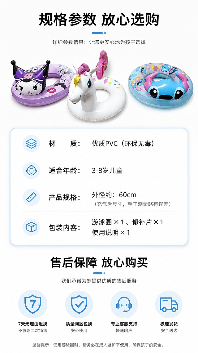 「图片1」「图片1」「图片1」「图片1」，生成一套详情页，商品名称为游泳圈三巨头，适配抖音/快手平台，单图比例为9:16，需求屏数为8张。