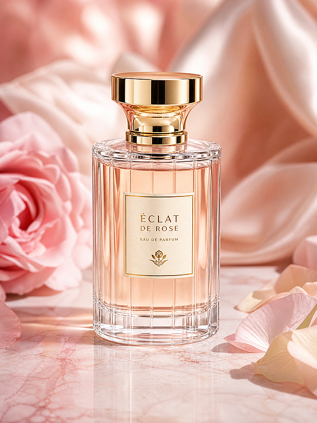 一瓶高端女士香水，透明玻璃瓶身，金色瓶盖，放置在浅粉色大理石台面上，背景有柔和花瓣和丝绸布料，商业广告摄影，柔和自然光，高级感，浅景深，精致光影，画面干净，奢华品牌视觉，高清细节