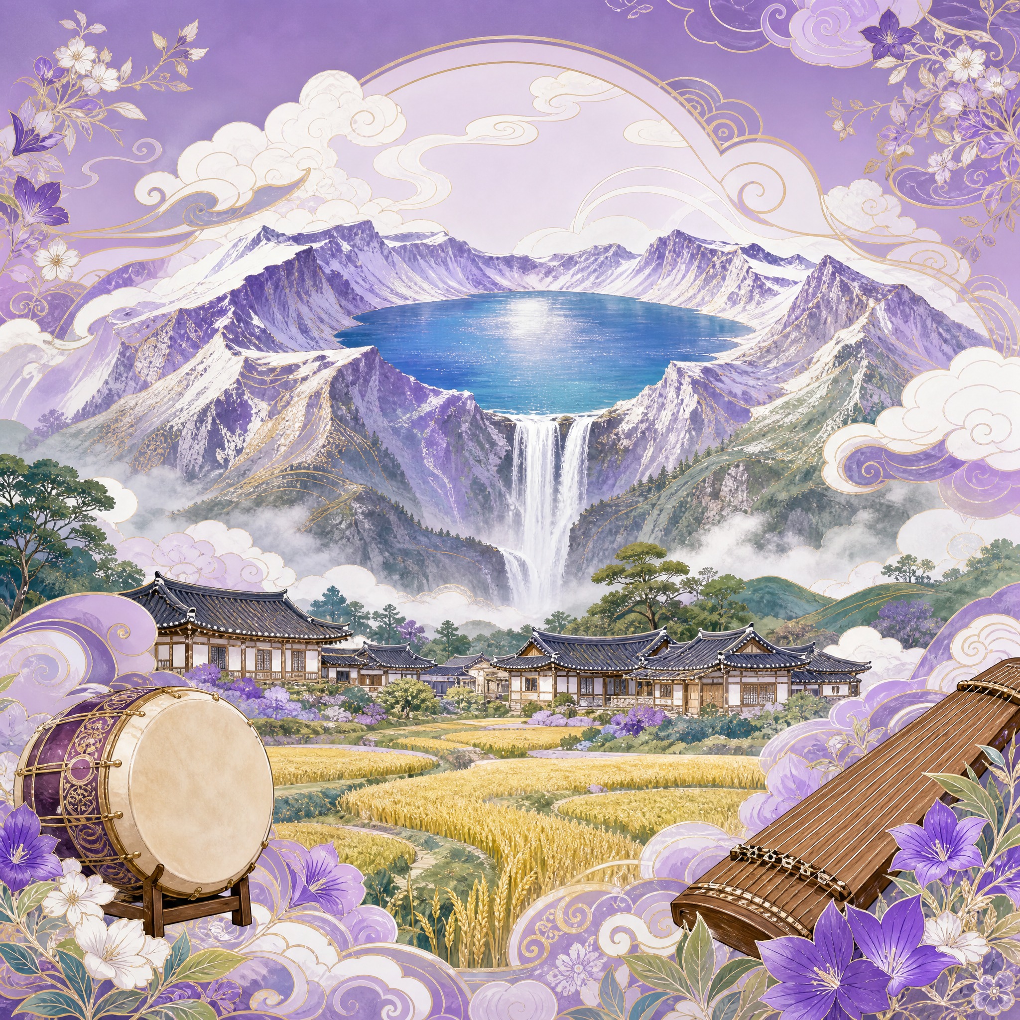国潮风景插画，朝鲜族主题，长白山天池如蓝宝石镶嵌在火山口，瀑布… - 图片创意预览