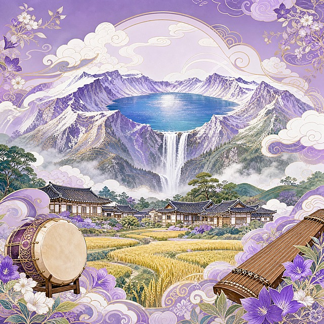 国潮风景插画，朝鲜族主题，长白山天池如蓝宝石镶嵌在火山口，瀑布飞流直下，朝鲜族传统民居村落坐落在山脚下，稻田金黄，桔梗花盛开，长鼓和伽倻琴纹样点缀画面，远处云雾缭绕，周围有祥云、长白山花纹装饰，背景是淡紫色渐变，画面中无人物无文字，国潮风格，白紫绿金配色，优雅圣洁