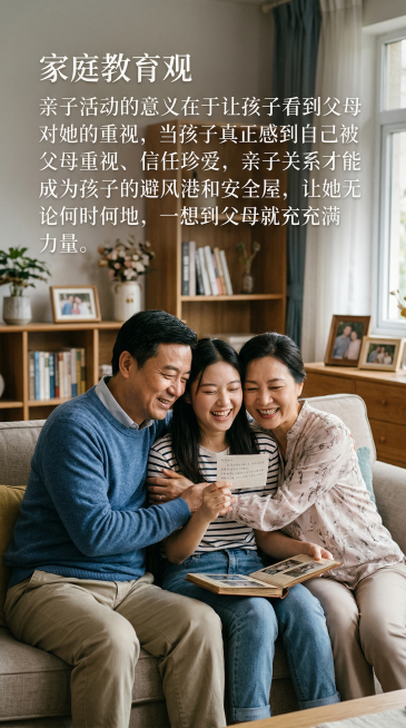 画面包含清晰正确的中文文字，文字内容为：【家庭教育观】亲子活动的意义在于让孩子看到父母对她的重视，当孩子真正感到自己被父母重视、信任、珍爱，亲子关系才能成为孩子的避风港和安全屋，让她无论何时何地，一想预览效果