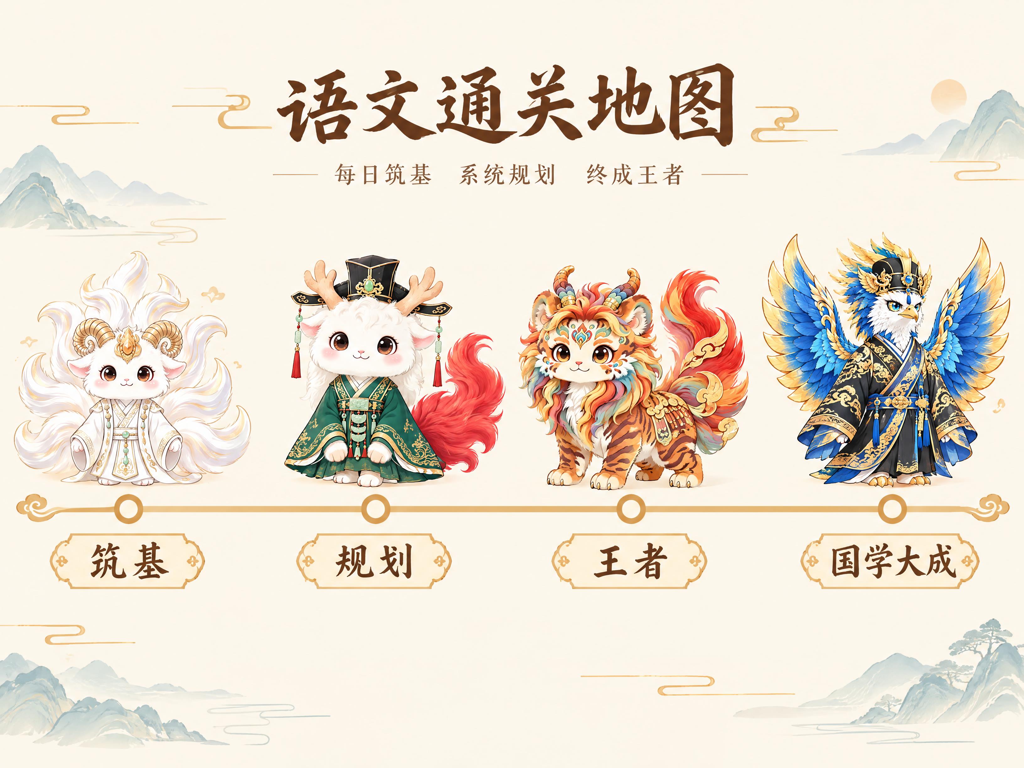 一张横版简约风格的语文通关地图，画面干净简洁。顶部居中是标题"… - 图片创意预览