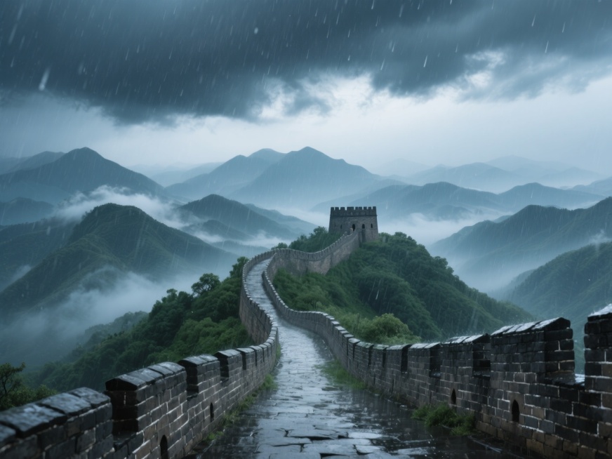 超写实摄影风格的中国长城远景，巍峨的灰色砖石城墙蜿蜒于层叠翠绿的山峦之巅，云雾缭绕山谷，远处是轮廓清晰的蓝灰色山脉，此刻天空骤然转变为阴云密布的暴雨天气，厚重的深灰色积雨云低垂笼罩，豆大的雨点密集洒落，雨幕模糊远景，湿润的城墙表面反射着阴沉天光，整体氛围从晴朗开阔转为磅礴而略带神秘的雨中意境，保持原有的3D质感和细腻光影过渡，强调雨水冲刷下的山石湿润感与云雾雨雾交融的朦胧层次。预览效果