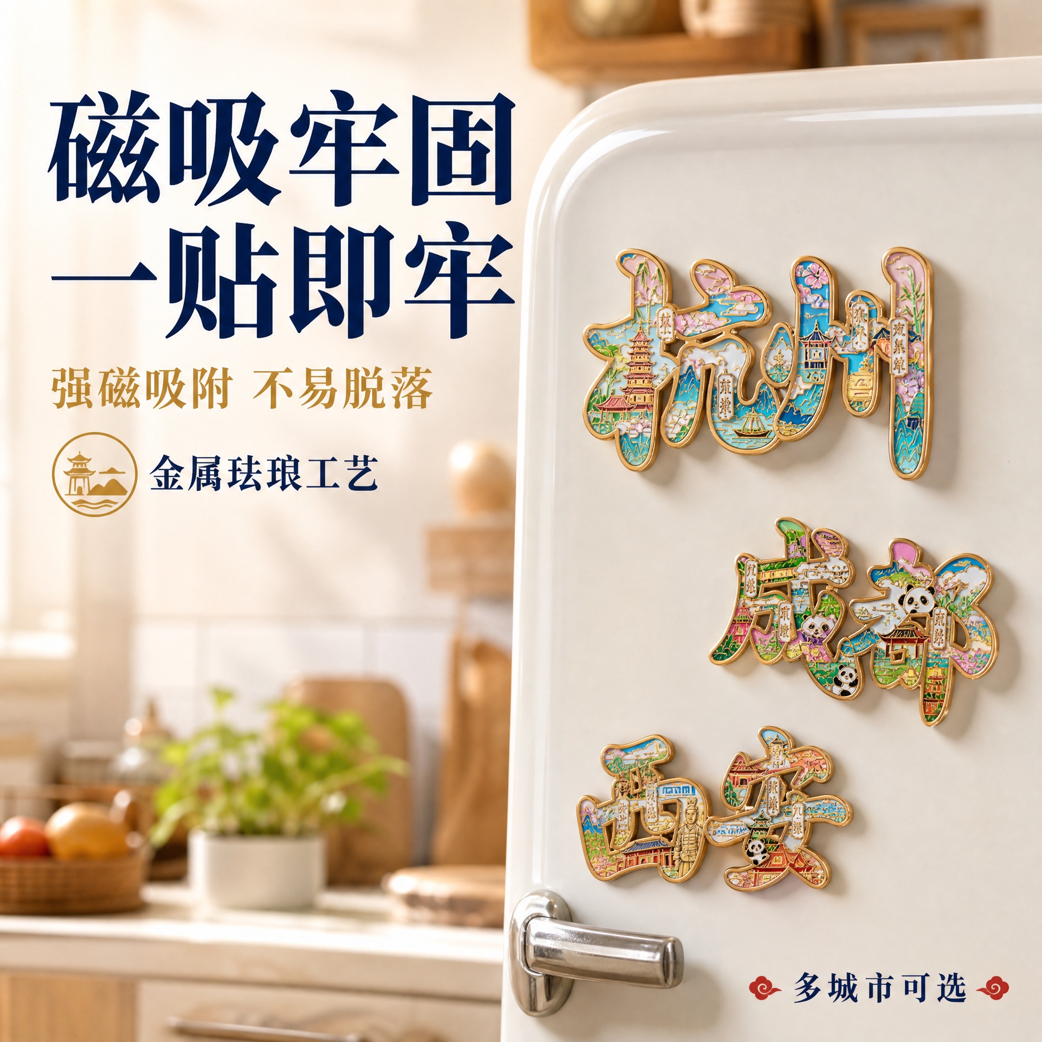 [主图-2] 城市字绘冰箱贴核心卖点证明，展示真实贴附效果与装… - 图片创意预览