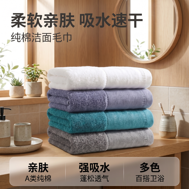 将这张毛巾商品主图的背景更换为简约原木风浴室场景，保留原本毛巾和文字排版内容不变，保持毛巾颜色、材质质感完全一致，光线自然柔和，整体风格干净清新高级，商业摄影质感，1:1比例，2k分辨率，文字不变形清预览效果