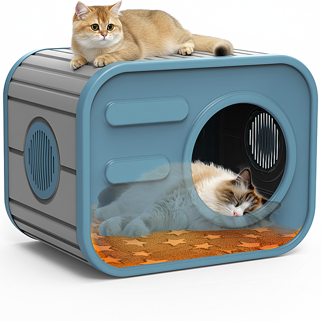 在参考图1基础上生成猫窝顶部慵懒趴着一只圆眼金渐层长毛猫（好奇表情），露出好奇表情，猫咪头部朝向在左，画面干净通透，色调柔和温暖，质感像高清商品展示图，背景纯白无杂物。高清，4k