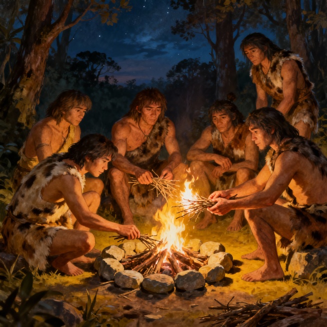 原始森林场景，一群北京人围坐在篝火旁，有人用干燥的树枝小心地添加柴火，有人用石块搭建简易的火堆围护结构，有人双手捧着燃烧的树枝传递火种，人物穿着兽皮，表情专注认真，背景有树木和夜空，整体色调偏暖，展现预览效果