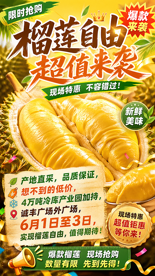 发朋友圈的榴莲促销海报，展示饱满金黄的榴莲果肉，整体风格热闹吸引人，画面突出促销信息，包含文字："产地直采，品质保证，想不到的低价，4万吨冷库产业园加持，诚丰广场外广场，6月1日至3日，实现榴莲自由，值得期待！"，吸引顾客点击观看和到现场参与