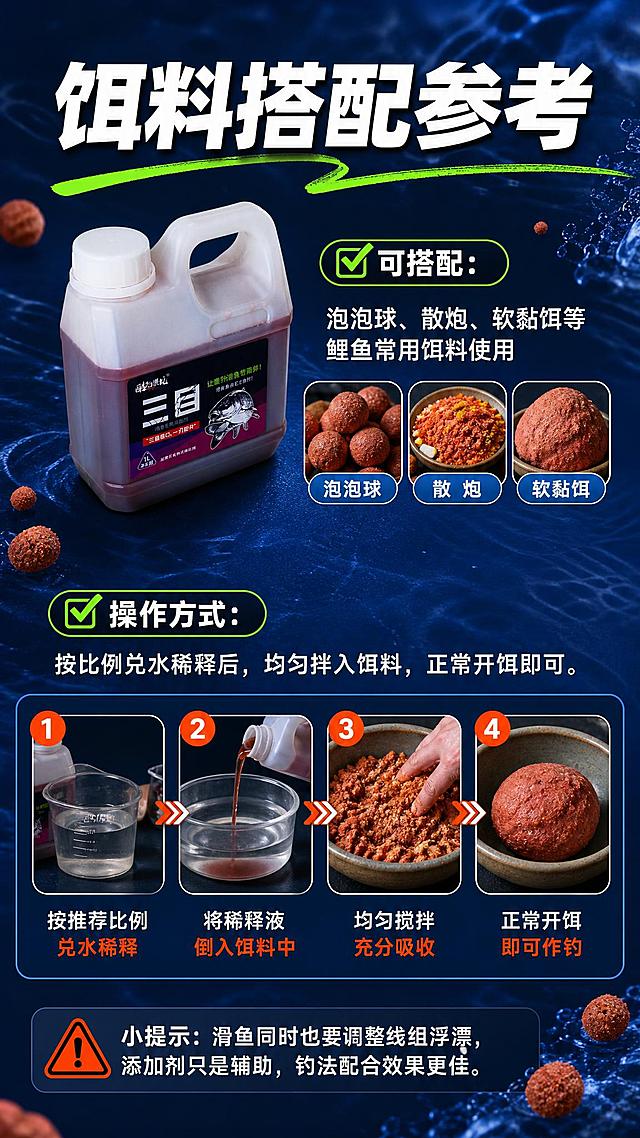 [商品] 使用【图4】三目滑鱼专用添加剂俯视斜角图；保留瓶身造型、液体颜色、标签文字和图案；产品放在左上占画面30%。
[画面] 搭配建议页，左侧产品+饵料搭配示意，右侧文字说明，下方操作步骤，深蓝色背景带饵料颗粒元素，阅读动线从左上到右下。
[视觉] 套系策略：风格=拼多多专业垂钓接地气风；标题字=粗黑黑体大字报；正文字=清晰黑体；主色=深海蓝；背景延展=基于深海蓝做深浅渐变、同色层级和水面纹理质感；强调色=荧光绿+橙红色警示；标题色=纯白；正文色=浅灰白；组件=粗边框信息条、胶囊标签、对勾图标、警示三角标；光影=正面柔光，产品清晰。
[文字] 顶部大标题"饵料搭配参考"；中间说明："可搭配：泡泡球、散炮、软黏饵等鲤鱼常用饵料使用"；操作方式："按比例兑水稀释后，均匀拌入饵料，正常开饵即可。"；底部灰色提示条："小提示：滑鱼同时也要调整线组浮漂，添加剂只是辅助，钓法配合效果更佳。"；配饵料小图标，所有文字横排。
[规格] 图片比例9:16竖版，4K，避免变形、错字、文字过小、冷灰背景、产品颜色改变。