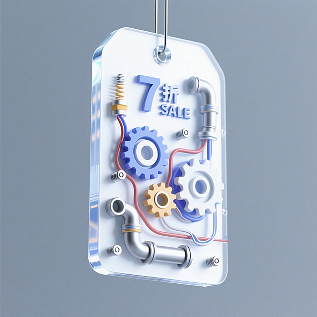 透明玻璃风吊牌，融合金属管道、齿轮与电路，3D立体呈现科技感与工业美学，传递未来感促销信息。