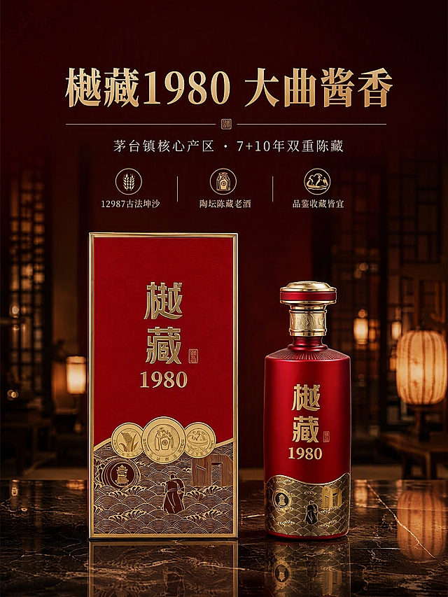 [商品] 使用【图1】樾藏1980大曲酱香白酒，红色瓶身与红色礼盒同框；保留瓶身与礼盒的金色"樾藏1980"文字、金色海浪纹样、人物图案、圆形徽章图案、金色瓶盖结构、红金配色和哑光质感；产品比例、结构、材质、Logo和包装文字完全一致，不做任何改写。
[画面] 目标：高端酱酒头图海报，奠定大气典雅的品牌调性。构图：上文下图，顶部留白放标题区，中部偏下为产品主体，酒瓶与礼盒并排陈列，礼盒在左、酒瓶在右，产品占画面65%。前景：深色大理石台面，柔和倒影；中景：产品主体；后景：虚化的中式古典空间，隐约可见木质格栅与暖光灯笼，营造深邃氛围感。阅读动线：从上至下，先看标题再聚焦产品。
[视觉] 套系策略：风格=中式高端商业摄影，典雅大气；标题字=宋体衬线粗体，厚重有底蕴；正文字=简洁现代宋体，端庄易读；主色=中国红+深酒红；背景延展=基于深红做深浅层级渐变，搭配暗金纹理与木质暖调；强调色=烫金色，仅用于标题重点字、图标和引线；标题色=烫金色；正文色=米白色；组件=金色细线分割、中式印章元素、圆角暗金信息卡；光影=右前侧暖柔光，产品轮廓清晰，背景暗调突出主体。
[文字] 顶部居中主标题「樾藏1980 大曲酱香」，副标题「茅台镇核心产区 · 7+10年双重陈藏」，下方3个短卖点图标横排：「12987古法坤沙」「陶坛陈藏老酒」「品鉴收藏皆宜」。文字区不遮挡瓶身主体与礼盒正面文字。
[规格] 图片比例3:4竖版，分辨率4K，quality=medium。避免变形、错字、文字过小、冷蓝背景、产品颜色改变、包装文字错乱、极限词。