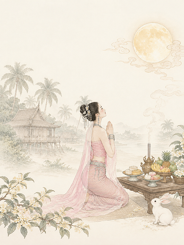 参考右侧工笔淡彩风格，将画面改为傣族中秋拜月场景，去除所有文字，仅保留画面。米白色宣纸底色，工笔淡彩国风插画风格，线条细腻柔和，设色淡雅温润。画面右侧主体：傣族女子身着粉色筒裙，发髻高挽，佩戴银饰，双手合十虔诚拜月，侧脸仰望明月，姿态温婉。她面前的矮木桌上摆放着傣族特色果品、糕点、香炉，香烟袅袅升起。天空中一轮淡黄色的圆满明月，周围有淡墨色祥云缭绕。画面左下角有桂花枝条延伸，右下角有一只白色玉兔蹲坐。背景有傣族竹楼和椰林的淡影，朦胧悠远。整体色调柔和淡雅，米白底色配淡粉、淡黄、浅绿等温润色彩，工笔线条精细，充满东方古典美学意境。画面纯净，无任何文字、标题、印章。