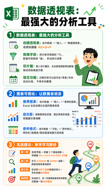 生成一张图文知识图，保留原有风格，白色底色，动画活泼排版，包含以下完整文案内容，字体大小适合中年人观看：数据透视表：最强大的分析工具 ​​创建透视表​​：选中数据 →「插入」→「数据透视表」，或用快捷预览效果