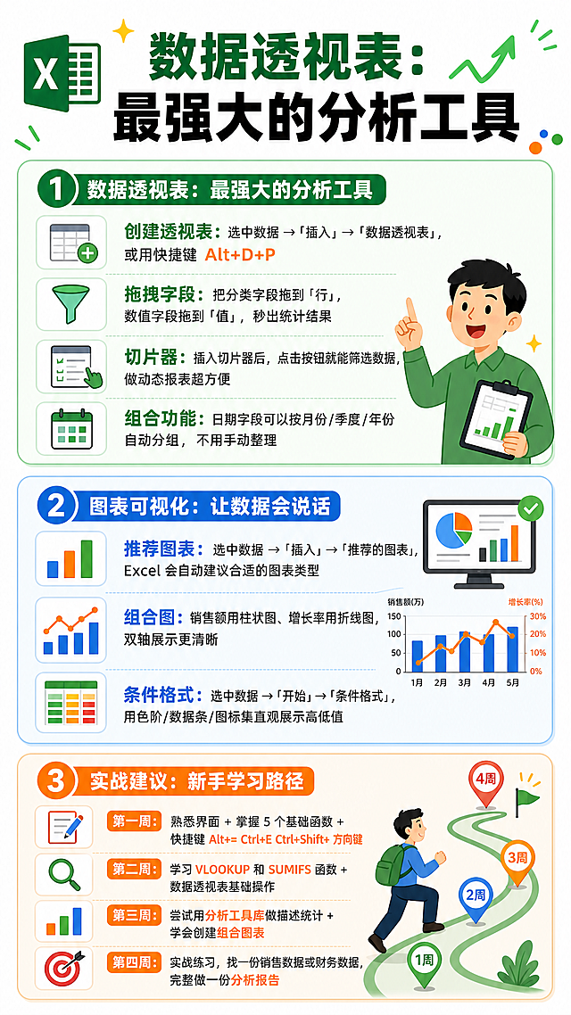 生成一张图文知识图，保留原有风格，白色底色，动画活泼排版，包含以下完整文案内容，字体大小适合中年人观看：数据透视表：最强大的分析工具 ​​创建透视表​​：选中数据 →「插入」→「数据透视表」，或用快捷键 Alt+D+P ​​拖拽字段​​：把分类字段拖到「行」，数值字段拖到「值」，秒出统计结果 ​​切片器​​：插入切片器后，点击按钮就能筛选数据，做动态报表超方便 ​​组合功能​​：日期字段可以按月份/季度/年份自动分组，不用手动整理 图表可视化：让数据会说话 ​​推荐图表​​：选中数据 →「插入」→「推荐的图表」，Excel 会自动建议合适的图表类型 ​​组合图​​：销售额用柱状图、增长率用折线图，双轴展示更清晰 ​​条件格式​​：选中数据 →「开始」→「条件格式」，用色阶/数据条/图标集直观展示高低值 实战建议：新手学习路径 ​​第一周​​：熟悉界面 + 掌握 5 个基础函数 + 快捷键 Alt+= Ctrl+E Ctrl+Shift+ 方向键 ​​第二周​​：学习 VLOOKUP 和 SUMIFS 函数 + 数据透视表基础操作 ​​第三周​​：尝试用分析工具库做描述统计 + 学会创建组合图表 ​​第四周​​：实战练习，找一份销售数据或财务数据，完整做一份分析报告