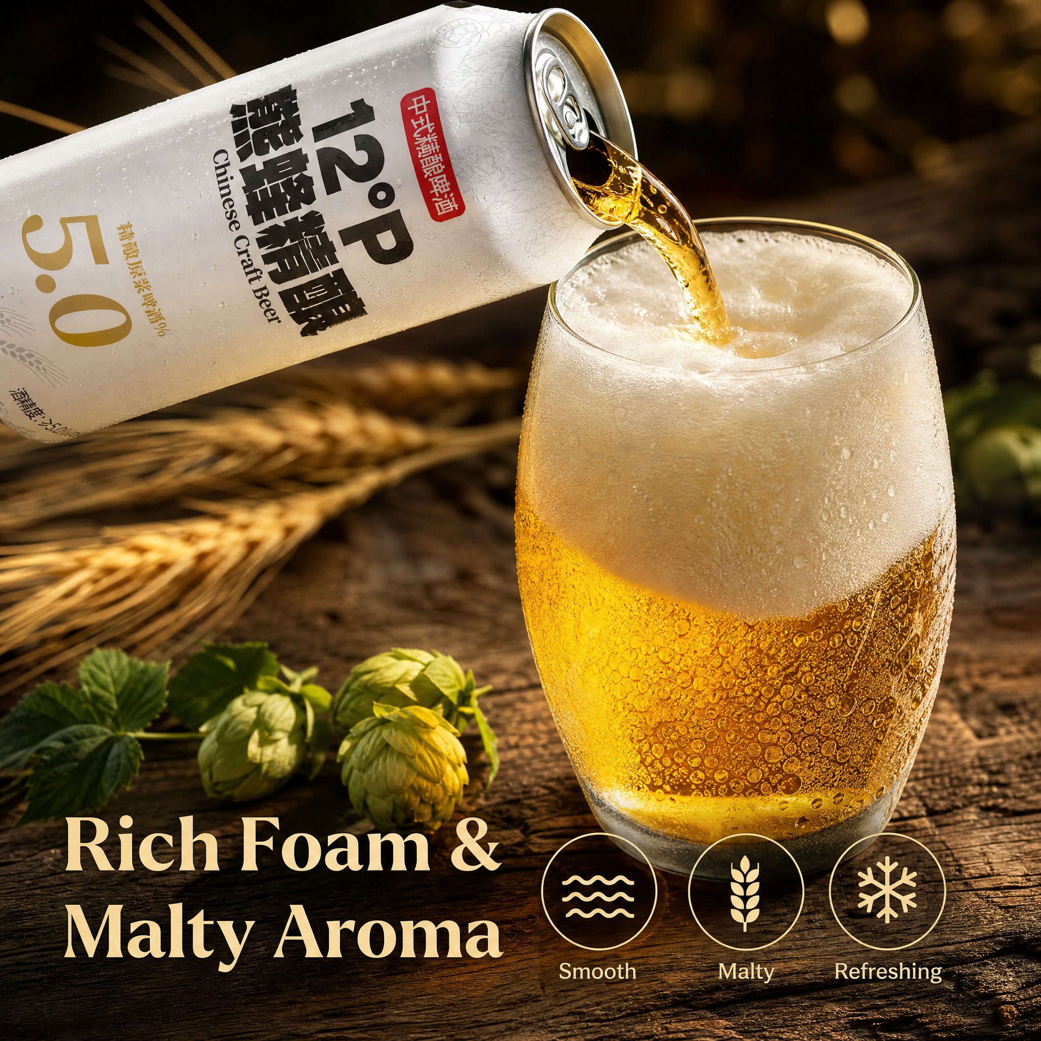 主图3：口感与泡沫细节主题。画面左侧为熊蜂精酿啤酒罐，略微倾斜… - 图片创意预览