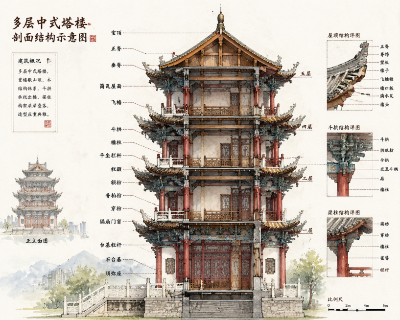 手绘古建筑剖面结构示意图，水彩上色，标注建筑构件名称，参考图1的绘画风格，为图2的多层中式塔楼绘制结构解剖示意图预览效果