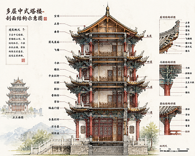手绘古建筑剖面结构示意图，水彩上色，标注建筑构件名称，参考图1的绘画风格，为图2的多层中式塔楼绘制结构解剖示意图