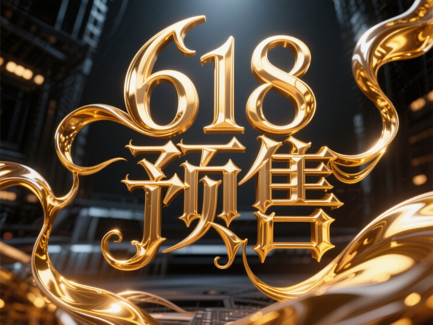 主标题”618预售"，艺术字体设计，要求哥特风格，笔画硬朗，大气磅礴，字体金色流体效果，笔画巧妙延长设计变形，电影空间背景预览效果