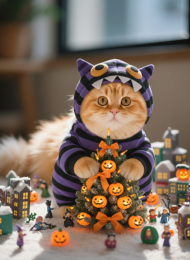 让图片1的小猫变成巨型小猫，穿着怪兽造型的宠物服，抱住圣诞树，周边是玩具雪景和南瓜灯，以及玩具城市和玩具小人。可爱的万圣节氛围的背景
