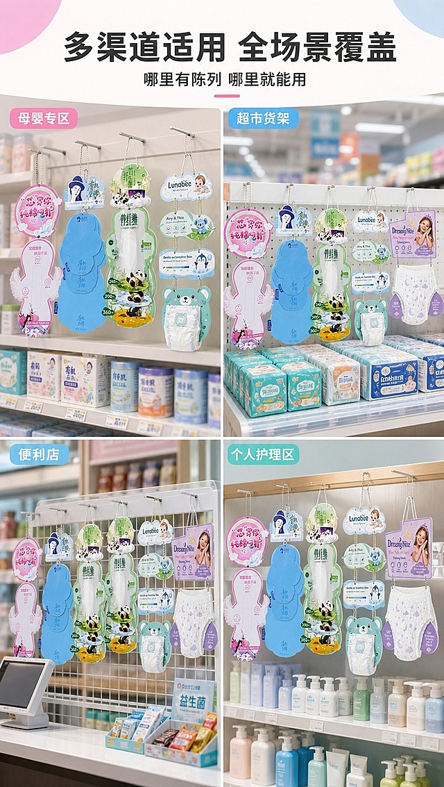 [商品] 使用【图1】中各款挂板，分别放入不同场景；保留每款造型、颜色、图案；商品处理：清晰化图案，增强材质质感。
[画面] 目标：多场景应用拼图页，展示挂板在不同渠道的使用场景。构图：2×2四宫格拼图，每格一个场景，分别为：①母婴店货架悬挂 ②超市端架促销陈列 ③便利店收银台旁展示 ④药店/个人护理区陈列；每格内挂板自然悬挂在对应场景中，整齐排列不杂乱；中间有细白边分隔。
[视觉] 套系策略：风格=国内电商清爽商业摄影风；标题字=粗黑体；正文字=常规黑体；主色=柔粉+浅蓝+薄荷绿；背景延展=四格各自场景色，整体色调统一明亮；强调色=玫粉色；标题色=深炭灰；正文色=中灰；组件=四宫格白边分隔、每格角落场景标签、顶部标题区；光影=各场景自然光线，整体亮度统一。
[文字] 顶部主标题：多渠道适用 全场景覆盖 副标题：哪里有陈列 哪里就能用；四格分别标注场景名称：母婴专区 / 超市货架 / 便利店 / 个人护理区；文字全部横排，每格标签位于角落，不遮挡挂板主体。
[规格] 图片比例9:16竖版，4K分辨率，避免变形、错字、文字过小、拼接生硬、产品颜色改变、造型失真。