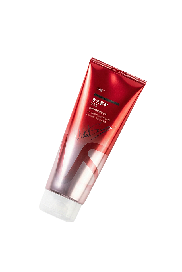 对该沙宣润发乳进行商业级精修，去除瑕疵、划痕，增强光影立体感，强化材质明暗关系，提升整体质感和高级感，提高整体亮度，放置在纯白色背景上，展示产品的俯视角度