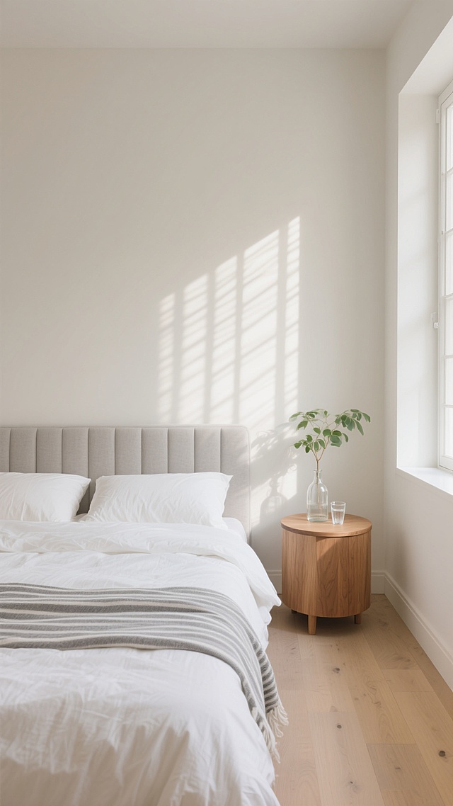 极简主义风格卧室，柔和的自然光从侧面窗户洒入，在米白色墙面上形成柔和的光影条纹，浅色木地板干净整洁，中央是铺着白色棉质床单和灰色条纹毯子的双人床，床头搭配浅灰色软包床头板，旁边是原木色小圆床头柜，上面放置透明玻璃瓶和小玻璃杯，床头柜旁有一盆绿色植物，整体氛围宁静、舒适、简约，不同角度展示卧室的布局和设置，保持相同的色调、光影和材质质感。