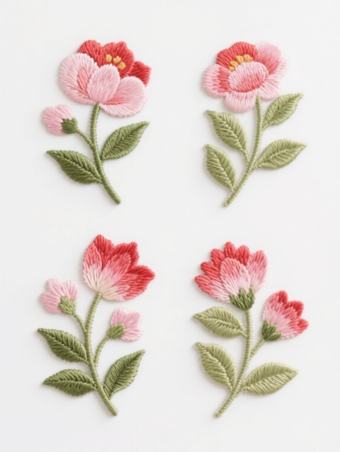 四个造型完全不同的刺绣元素系列素材集合，保持精致细腻的刺绣质感风格，每个元素均为花卉主题，包含粉色与红色渐变花瓣、绿色叶片及花茎的刺绣细节，整体采用规整的对称式排布，背景为纯白色，所有元素边缘清晰，色彩过渡自然，具有传统刺绣的针脚纹理和立体感。预览效果
