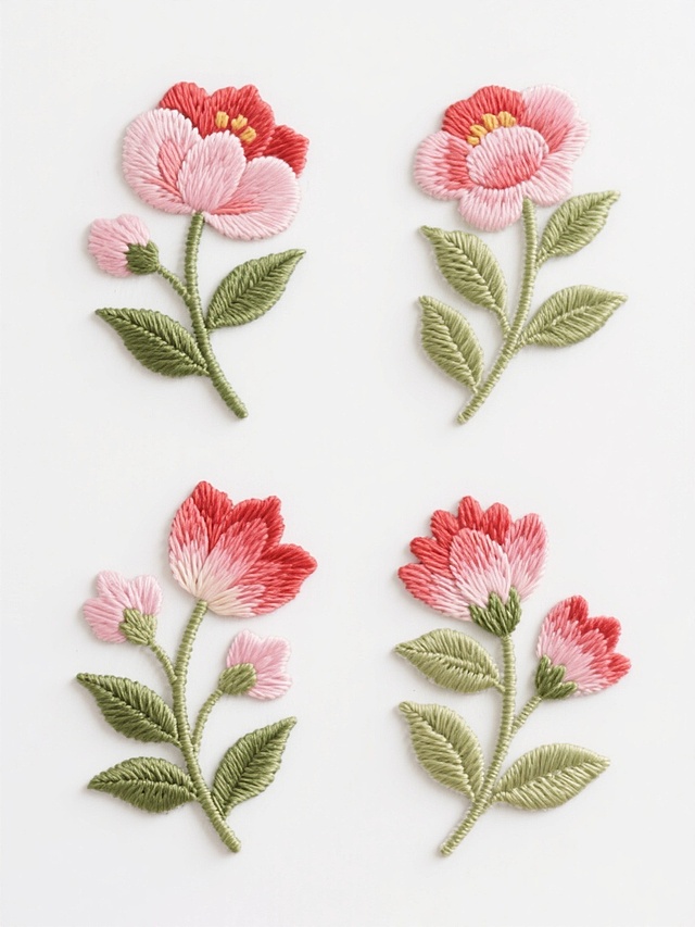 四个造型完全不同的刺绣元素系列素材集合，保持精致细腻的刺绣质感风格，每个元素均为花卉主题，包含粉色与红色渐变花瓣、绿色叶片及花茎的刺绣细节，整体采用规整的对称式排布，背景为纯白色，所有元素边缘清晰，色彩过渡自然，具有传统刺绣的针脚纹理和立体感。