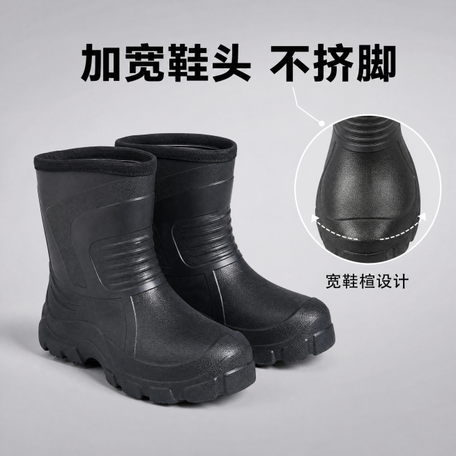 「图片1」，生成一套主图（5张），商品名称是冷库食品作业靴，卖点是多功能，冬季垂钓，防水防滑保暖，鞋头加宽不挤脚，风格是简约风，两张主图，三张细节图，支持定制，适配1688平台，主图比例为1:1预览效果