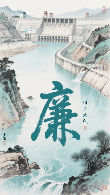 守清水廉心，映引大正气。整体已蓝绿色为主，突出水廉洁的主题，再加上引大入秦工程的宏伟。预览效果