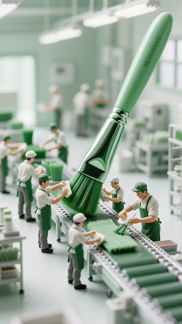 整体淡绿色和白色调。车间里，一群流水线员工在制作一支巨大的绿色眼影刷，有的在修剪刷毛，有的在擦拭刷毛，有的在梳刷毛；环境明亮干简洁。