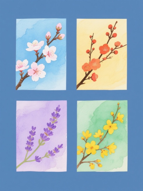 四张同系列水彩花卉插画集合，每张均为单一纯色背景，保持透明轻盈的水彩质感、柔和晕染笔触与自然写实的绘画风格，元素类目统一为带花苞的花卉枝条，画面整体色彩分别变换为：第一张清新蓝底粉白色樱花枝，第二张温暖黄底橙红色梅花枝，第三张优雅紫底淡紫色薰衣草花枝，第四张活力绿底亮黄色迎春花枝，所有花卉枝条均以相似的对角线构图从角落延伸，四幅画作呈田字格规整排布，画面干净无文字及装饰元素。预览效果