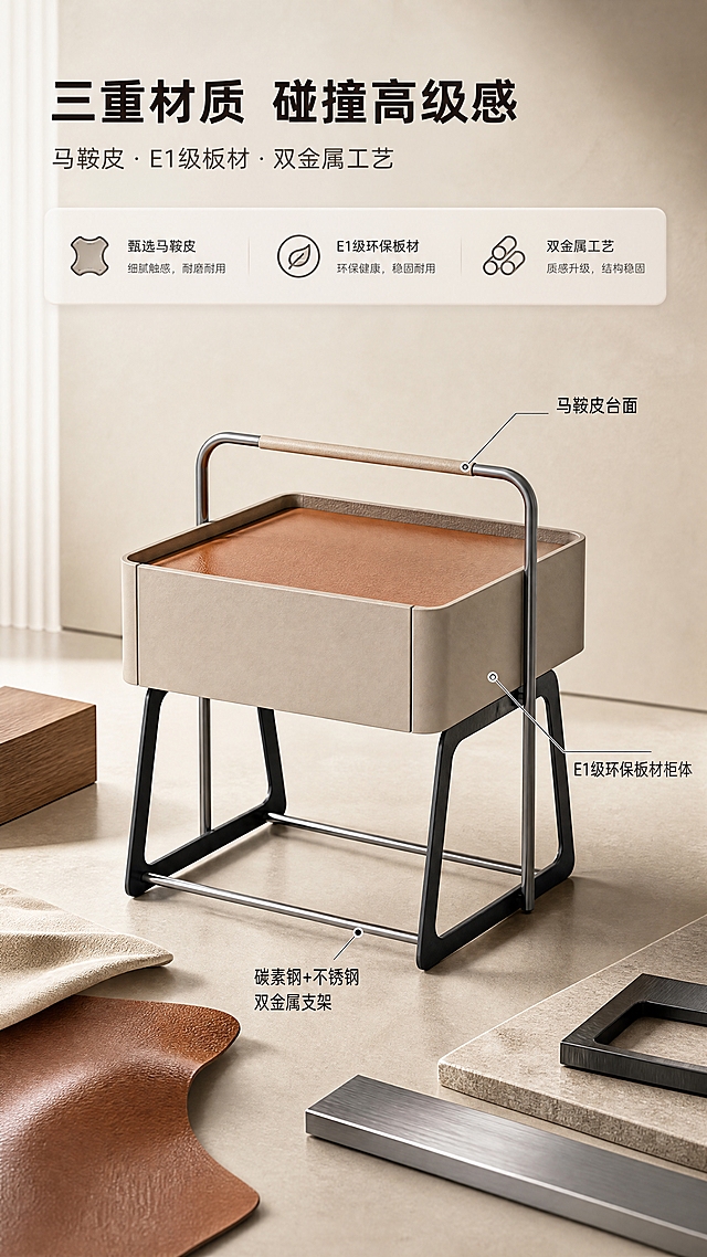 [商品] 使用【图1】DL-8815床头柜；保留浅卡其马鞍皮台面、米色抽屉柜体、灰钛金属提手支架、碳素钢黑色支脚的结构与颜色；保留材质质感和整体比例。
[画面] 页面目标：设计美学页，讲述马鞍皮×环保板材×双金属的三重材质混搭叙事。上文下景构图，顶部1/4文案区，下方产品主体居中，产品占画面约60%，微侧视角度；背景为浅卡其渐变+细腻材质纹理底，周围散落材质小样元素（皮革纹理块、木纹切片、金属拉丝条），形成设计灵感拼贴感；前中后三层：前景材质小样、中景产品主体、后景渐变墙面。
[视觉] 套系策略：风格=现代轻奢商业摄影风；标题字=现代无衬线粗体；正文字=简洁无衬线体；主色=暖白+浅卡其；背景延展=基于暖白与浅卡其做同色系深浅渐变、细腻哑光墙面与织物质感；强调色=灰钛金属色，仅用于小面积图标、引线和标签；标题色=深炭灰；正文色=中暖灰；组件=圆角浅底信息卡、细线引线、金属质感icon；光影=左前侧暖柔光，产品受光均匀，金属件有高光反射。
[文字] 顶部主标题「三重材质 碰撞高级感」，副标题「马鞍皮 · E1级板材 · 双金属工艺」；产品周围用细线引线标注3处材质：「马鞍皮台面」「E1级环保板材柜体」「碳素钢+不锈钢双金属支架」；文字横向排版，不遮挡产品主体。
[规格] 图片比例9:16竖版，分辨率4K，淘宝/天猫移动端适配，中文简体；避免变形、错字、文字过小、冷蓝背景、产品颜色改变、结构失真、极限词。