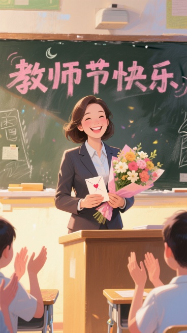 教室里，黑板上写着粉色的字 “教师节快乐” ，一位笑容灿烂的女教师捧着花束（花束夹着贺卡）站在讲台上面对学生，学生鼓掌，暖黄色光影，特写教师笑容满面预览效果