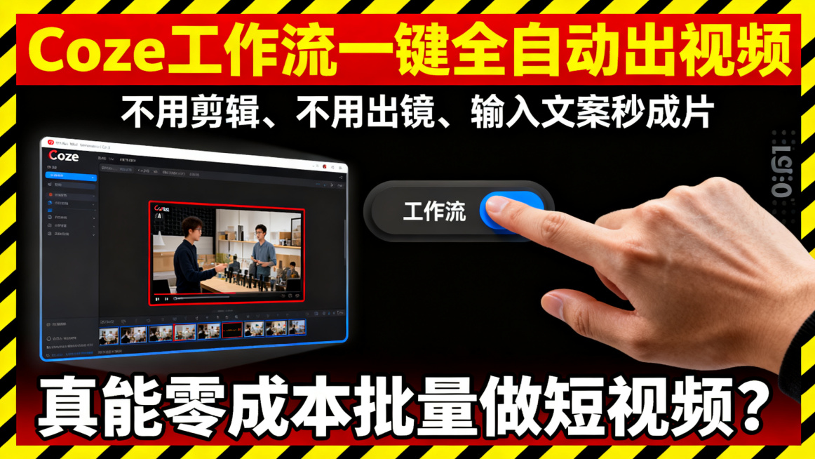 横版短视频封面，16:9尺寸，顶部居上有醒目的加粗撞色大标题"Coze工作流一键全自动出视频"，下方副标题小字：不用剪辑、不用出镜、输入文案秒成片；左侧悬浮Coze软件界面缩略小图加AI自动生成动态视预览效果