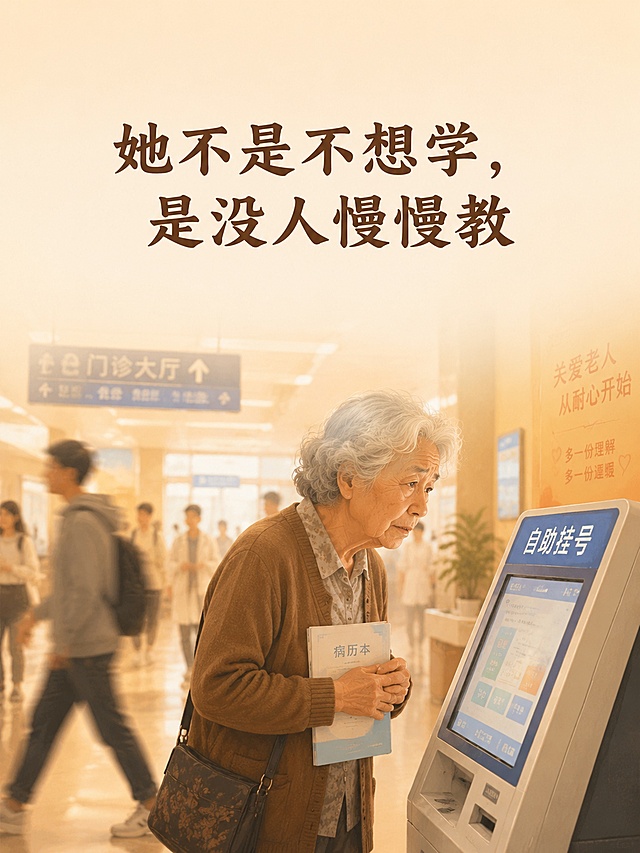 竖版3:4暖橙色调生活场景插画，医院大厅内，一位头发花白的老年母亲站在自助挂号机前微微俯身、神情茫然困惑，手里紧紧攥着病历本；背景中虚化的年轻人快步走过，形成对比。画面上方留有充足空白区域，配大字标题文字“她不是不想学，是没人慢慢教”。温暖写实插画风，柔和暖光，细腻笔触，温馨治愈的色调，情感细腻，画面构图完整