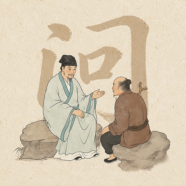 中国传统中医问诊场景插画，古代中医大夫与患者面对面交流问诊，大夫身穿浅青色长袍戴黑色儒巾，患者为普通百姓装扮，背景为米黄色宣纸纹理，背景有一个巨大的浅棕色书法汉字"问"作为装饰，整体风格为中国风传统工笔插画，色调柔和古朴，线条流畅，人物造型生动，正方形构图